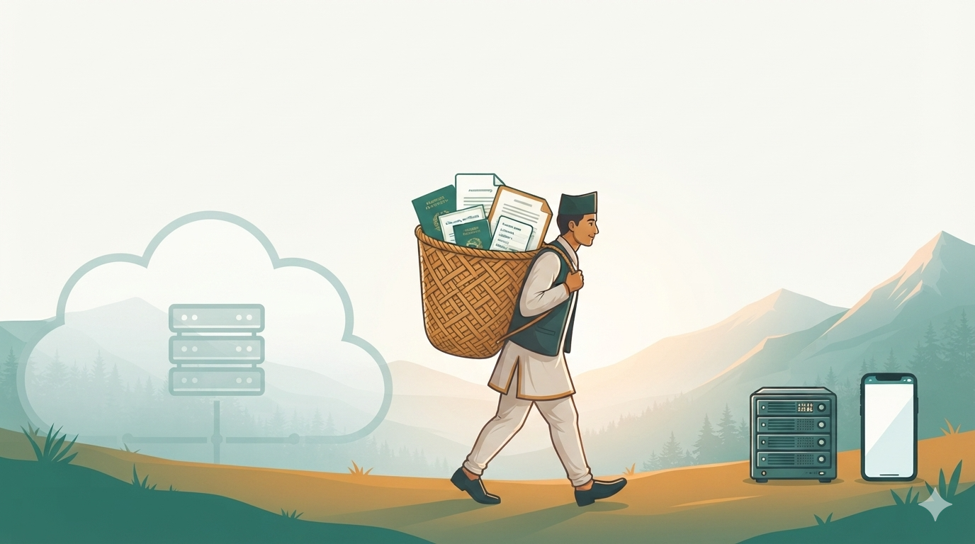 Illustration of a Nepali man carrying a doko basket full of documents, walking away from a faded cloud toward his own server and phone in the mountains.