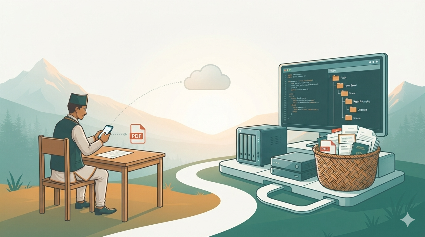 Illustration of a man scanning a document to PDF on his phone, next to a computer showing the open source code and a self-hosted NAS with a doko basket of documents.