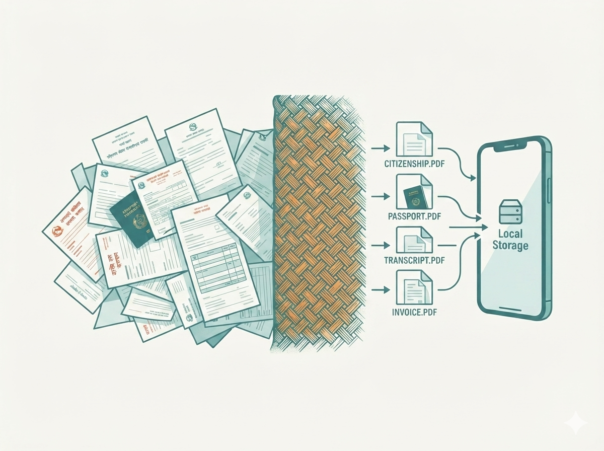 Illustration of a messy pile of paper documents passing through a woven doko pattern and emerging as named PDFs — citizenship, passport, transcript, invoice — stored locally on a phone.