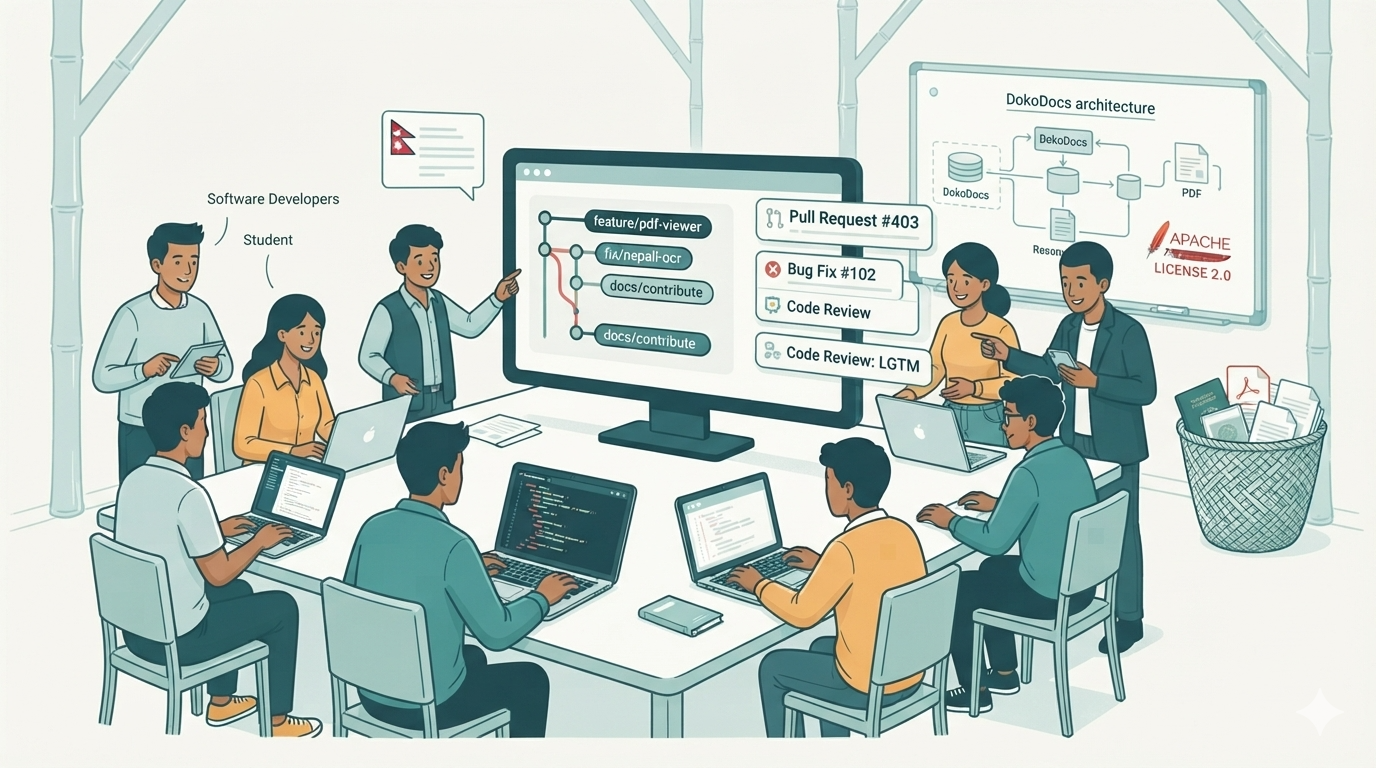 Illustration of a diverse community of developers and students collaborating around a table, reviewing pull requests on screen with a DokoDocs architecture whiteboard and Apache License 2.0 in the background.