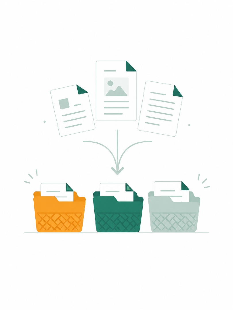 Neat stacks of documents sorting into labeled folders with a subtle woven basket pattern.