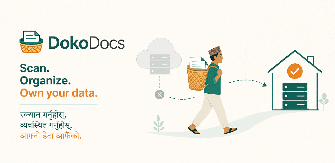 A person carrying a doko basket full of documents on their back, walking toward a small home server they own, away from a generic cloud.