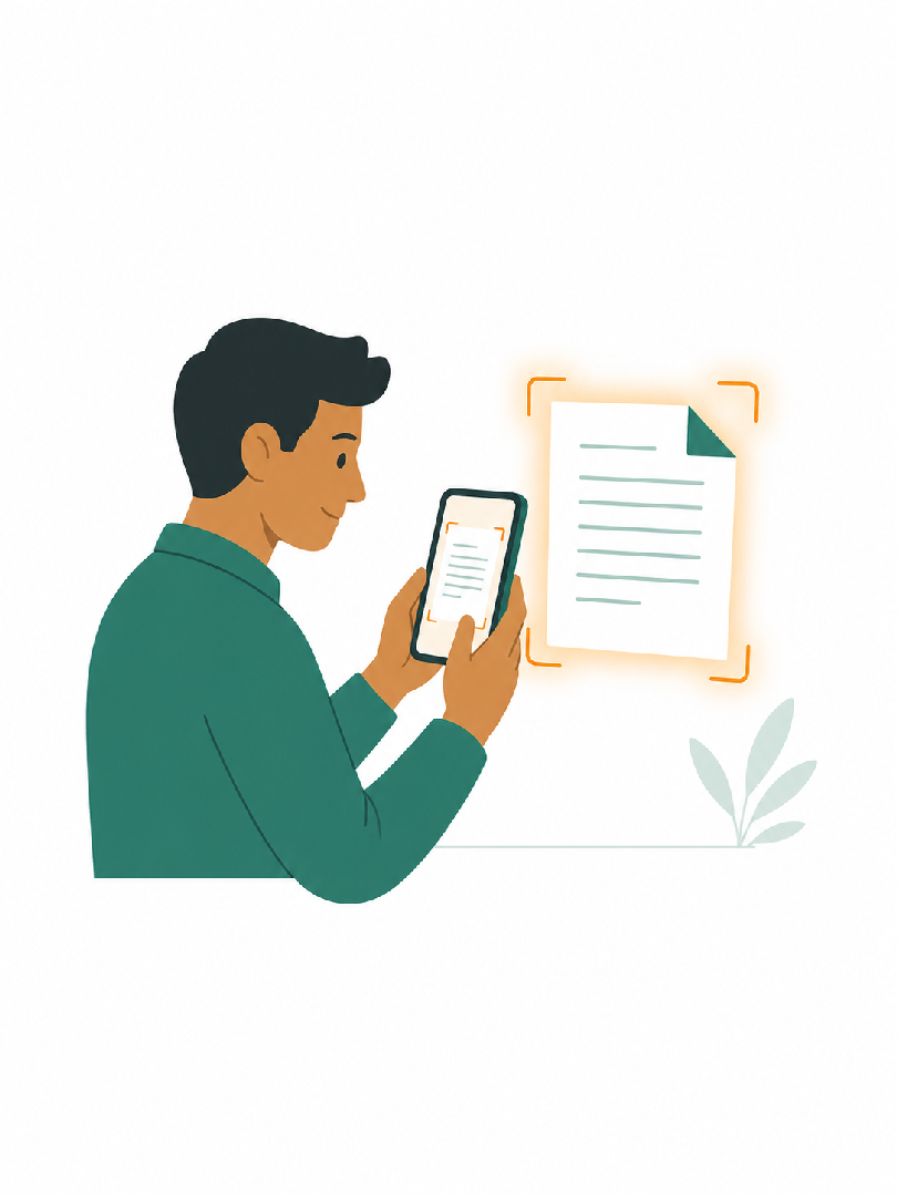 A hand holding a phone scanning a paper document on a table, with a scan frame highlighting the page edges.